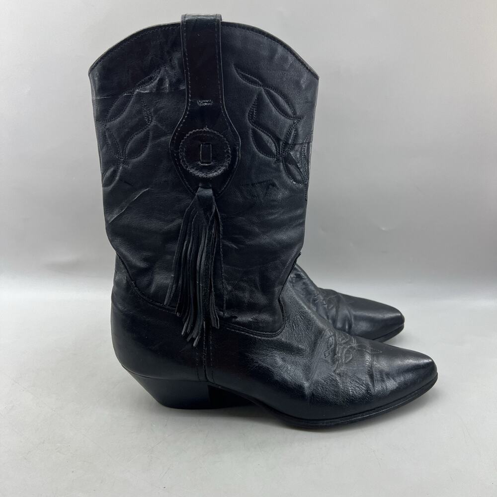 Laredo Western Tassel Boots Women Size 7.5 Black Leather Cowgirl Mid Calf Shoes